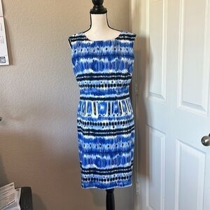 Tahari A-Line Dress Lined Size 10 Blue & White Back Zip Sleeveless